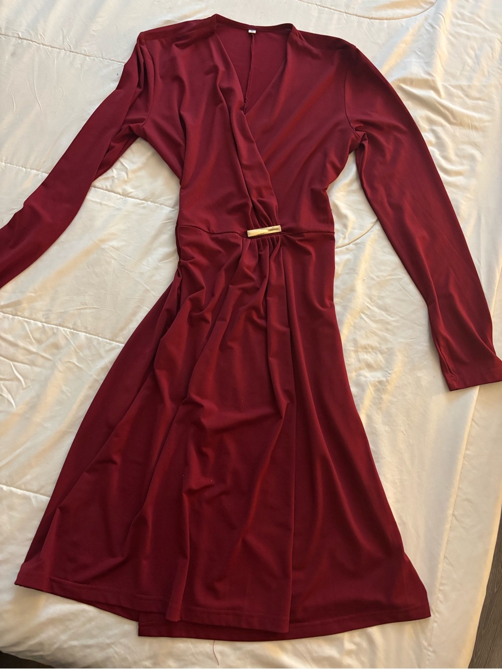 Long-Sleeve Wrap Dress in Deep Wine